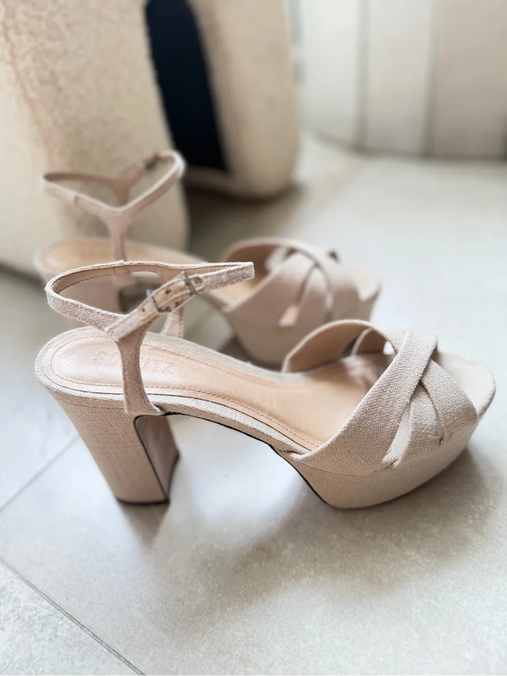 SCHUTZ Neutral Beige Platform Sandal with Block Heel
